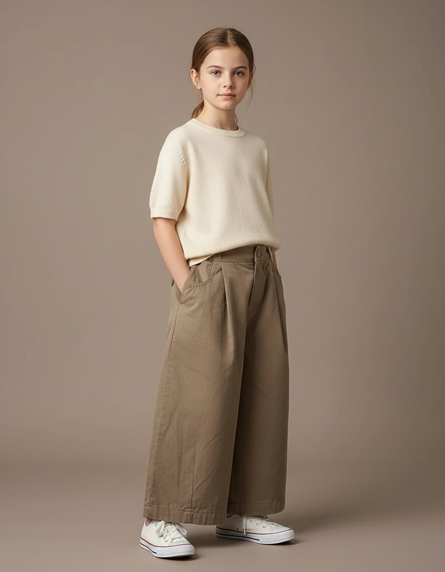 Pantalon Beige Enfant Ample Plissé Décontracté - Kaki Toile