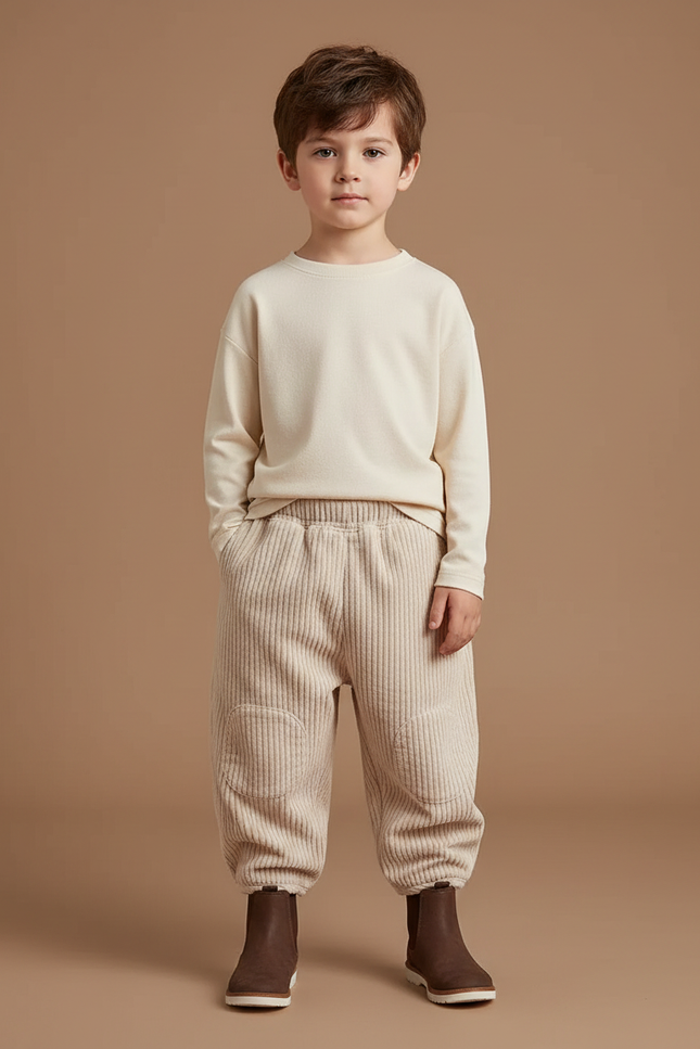 Pantalon Beige Côtelé Ample Enfant Élastique Décontracté - Cordé