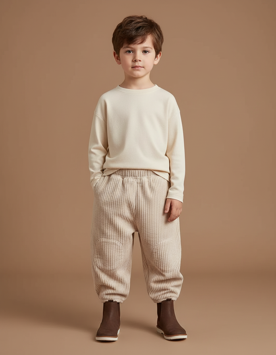 Pantalon Beige Côtelé Ample Enfant Élastique Décontracté - Cordé