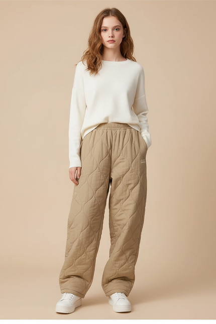 Pantalon Beige Matelassé Ample Décontracté Hiver Femme - Polyester