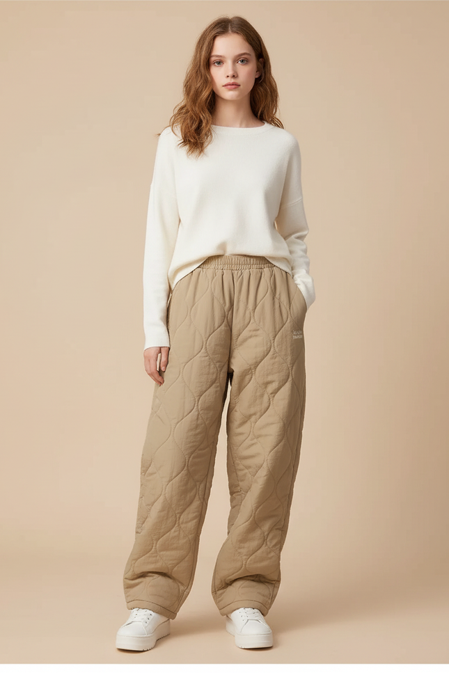 Pantalon Beige Matelassé Ample Décontracté Hiver Femme - Polyester