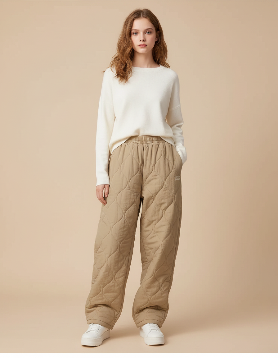 Pantalon Beige Matelassé Ample Décontracté Hiver Femme - Polyester