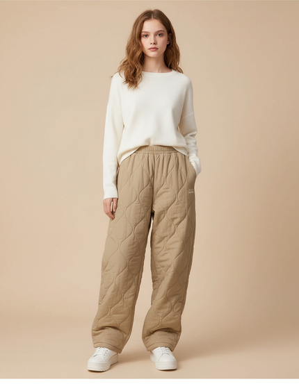 Pantalon Beige Matelassé Ample Décontracté Hiver Femme - Polyester
