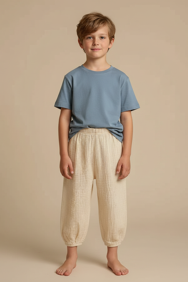 Pantalon Beige Gaze Coton Ample Décontracté Enfant