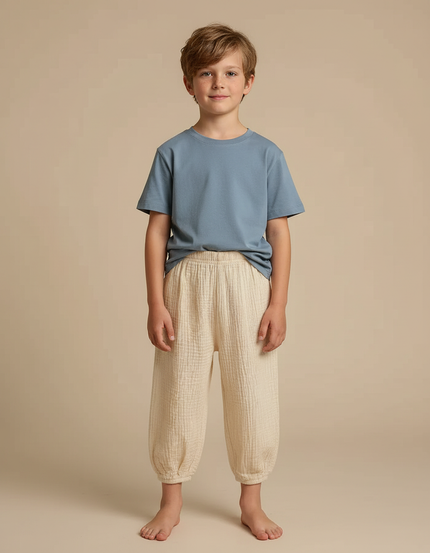 Pantalon Beige Gaze Coton Ample Décontracté Enfant