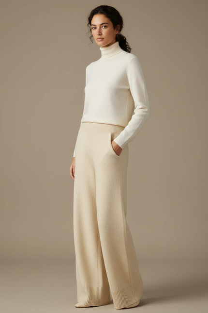 Pantalon Beige Laine Mérinos Tricoté Large Doux - Maille
