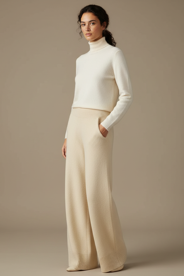 Pantalon Beige Laine Mérinos Tricoté Large Doux - Maille