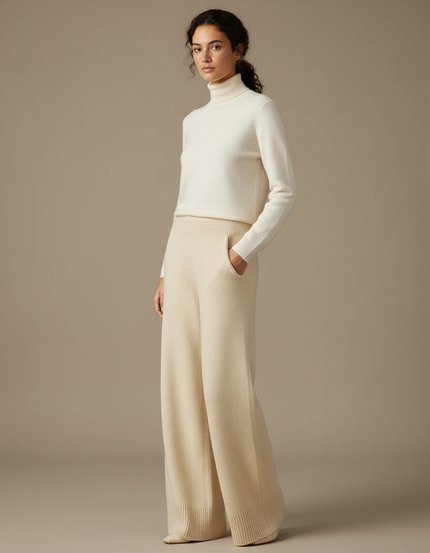 Pantalon Beige Laine Mérinos Tricoté Large Doux - Maille