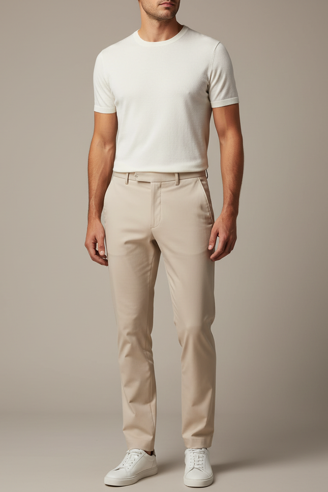 Pantalon Beige Homme Droit Décontracté Élégant Coton - Gabardine