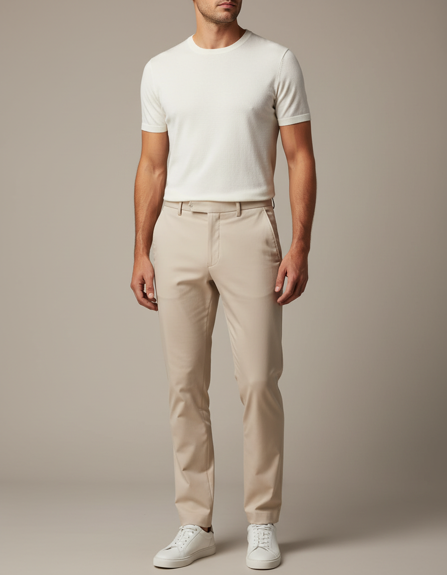 Pantalon Beige Homme Droit Décontracté Élégant Coton - Gabardine