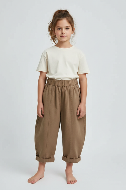Pantalon Beige Ample Coton Enfant Décontracté Taille Élastique - Kaki