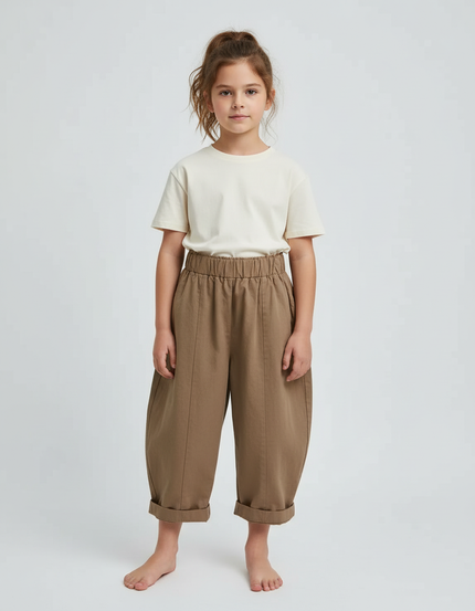 Pantalon Beige Ample Coton Enfant Décontracté Taille Élastique - Kaki