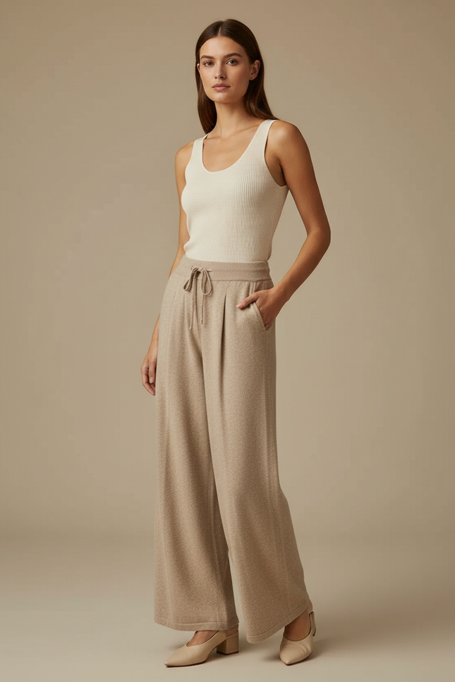 Pantalon Beige Ample Tricoté Taille Haute Décontracté - Maille