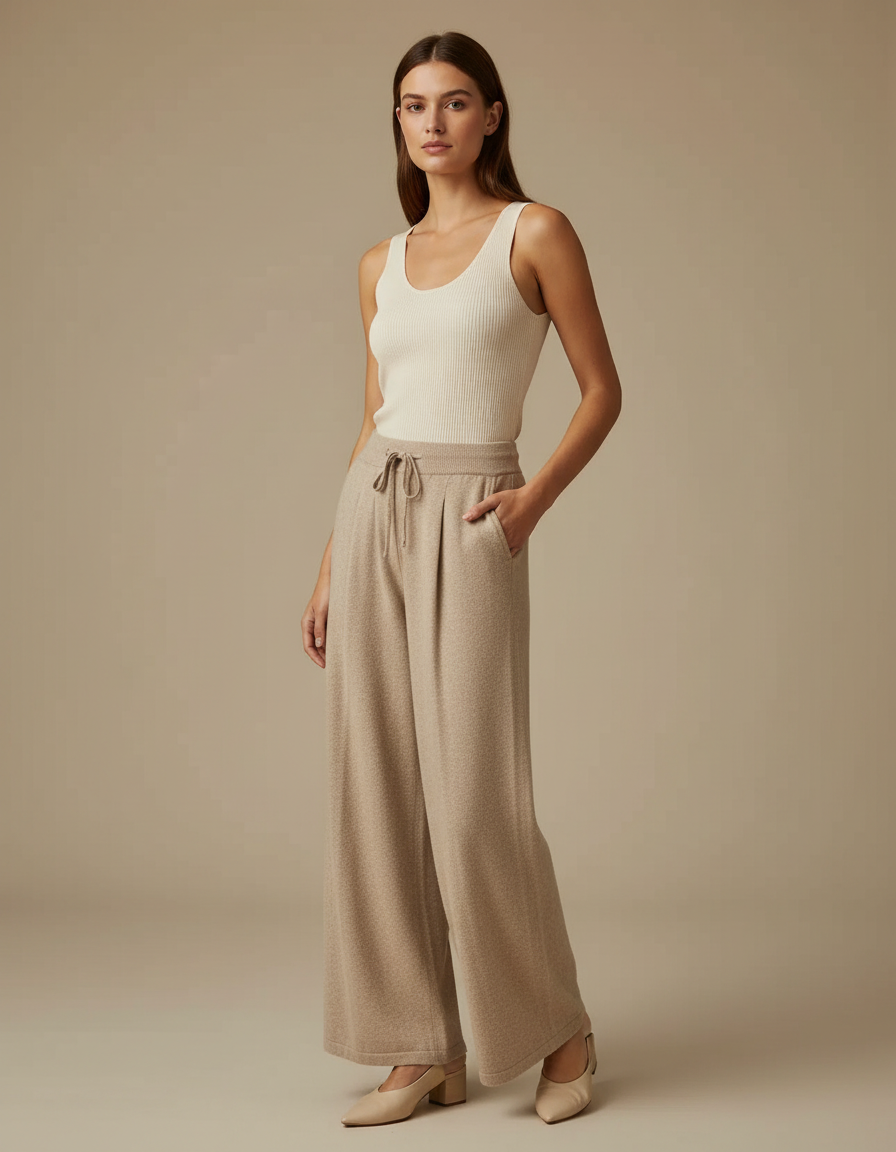 Pantalon Beige Ample Tricoté Taille Haute Décontracté - Maille
