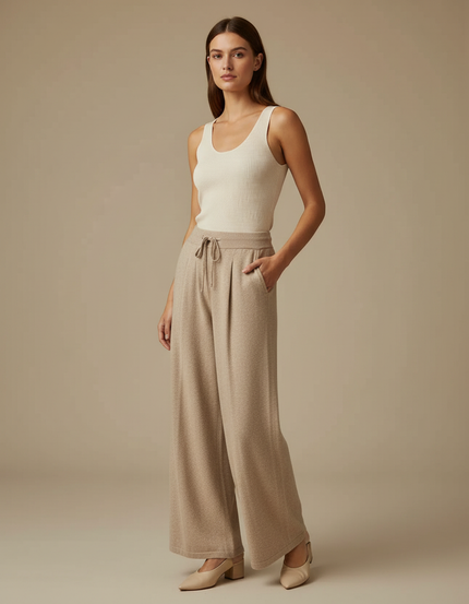 Pantalon Beige Ample Tricoté Taille Haute Décontracté - Maille