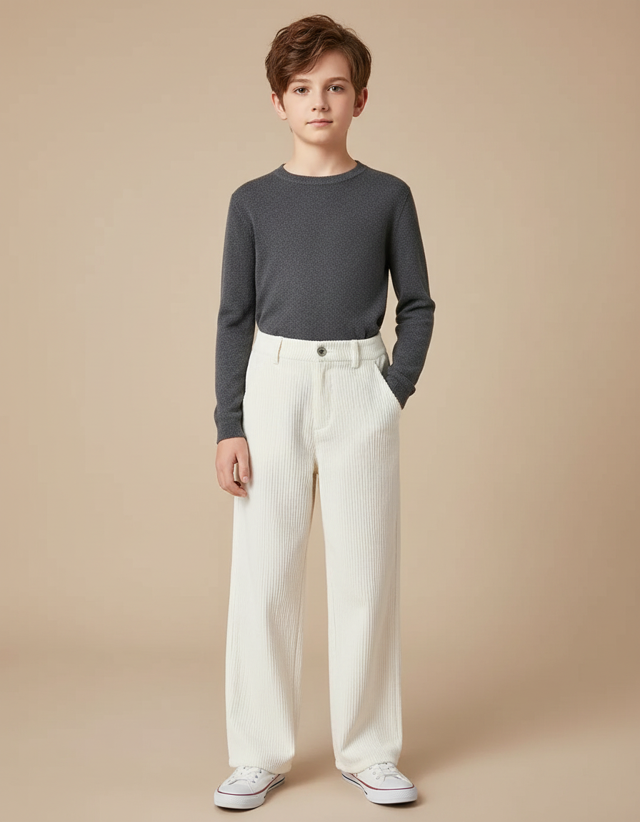Pantalon Beige Côtelé Ample Enfant Décontracté - Cordé