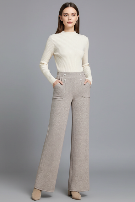 Pantalon Beige Large Taille Haute Boutons Décontracté - Tweed