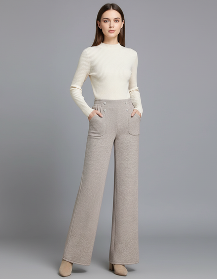 Pantalon Beige Large Taille Haute Boutons Décontracté - Tweed