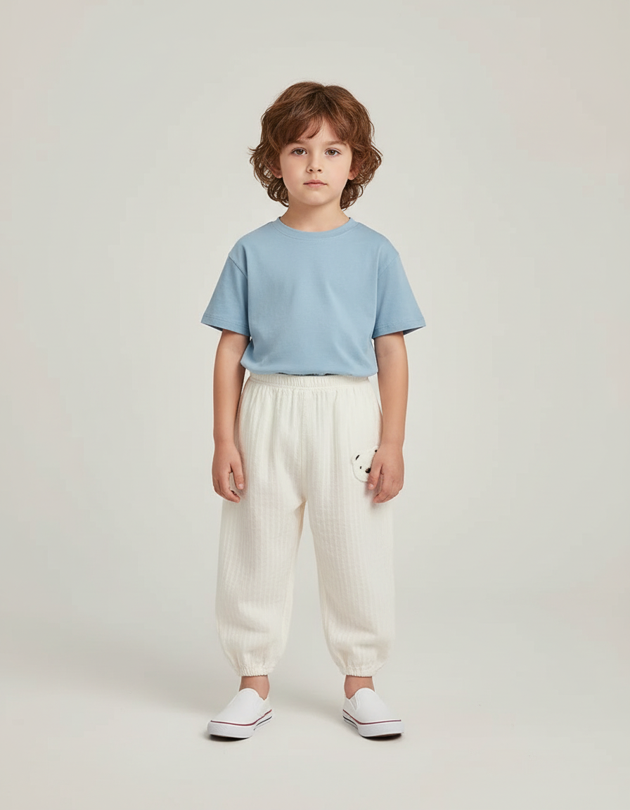 Pantalon Beige Côtelé Décontracté Brodé Enfant Doux - Coton