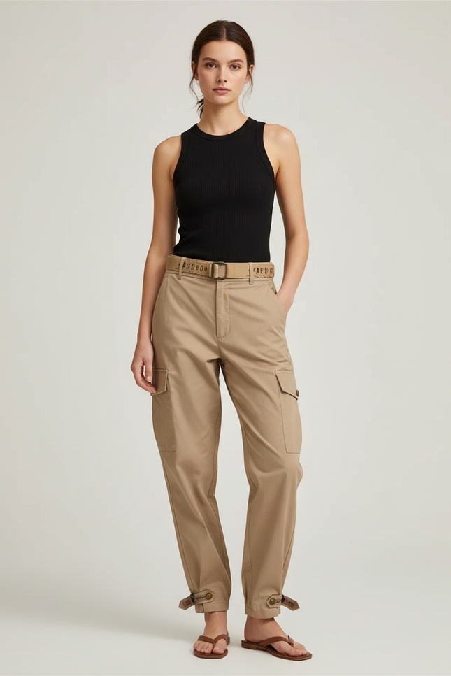 Pantalon Beige Cargo Coton Taille Haute Décontracté - Gabardine