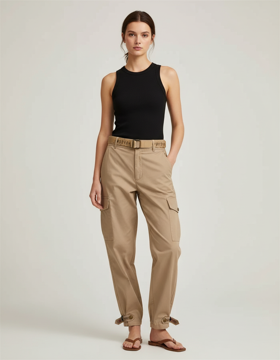 Pantalon Beige Cargo Coton Taille Haute Décontracté - Gabardine