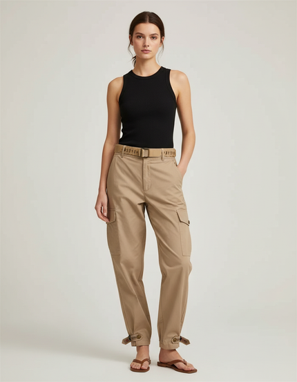 Pantalon Beige Cargo Coton Taille Haute Décontracté - Gabardine