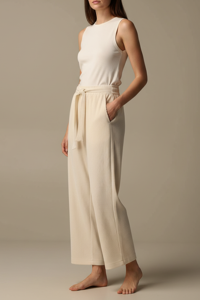 Pantalon Beige Côtelé Droit Cordon Ample Femme - Cordé