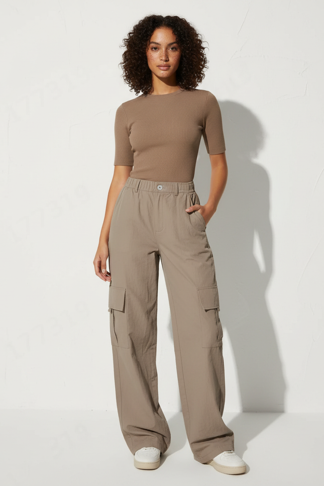 Pantalon Cargo Beige Femme Taille Haute - Polyester