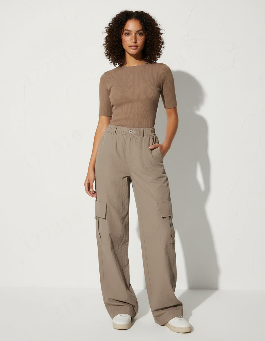 Pantalon Cargo Beige Femme Taille Haute - Polyester
