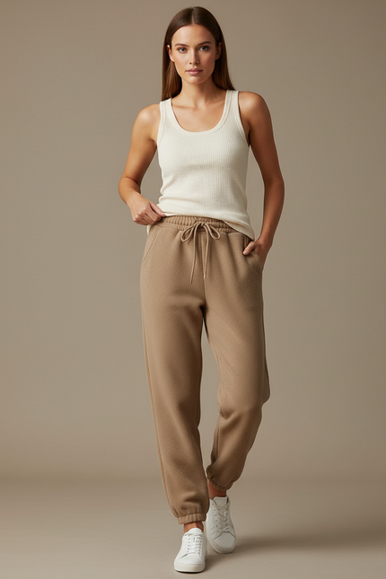 Pantalon Beige Molletonné Texturé Ample Décontracté Femme