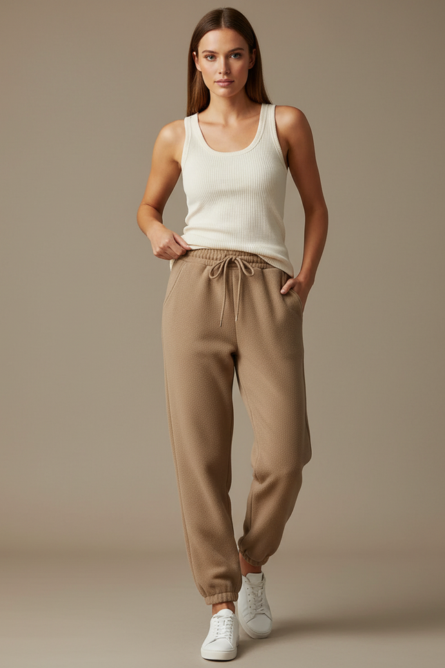 Pantalon Beige Molletonné Texturé Ample Décontracté Femme