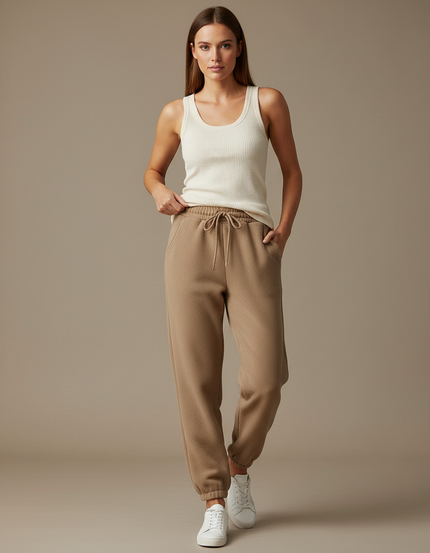 Pantalon Beige Molletonné Texturé Ample Décontracté Femme