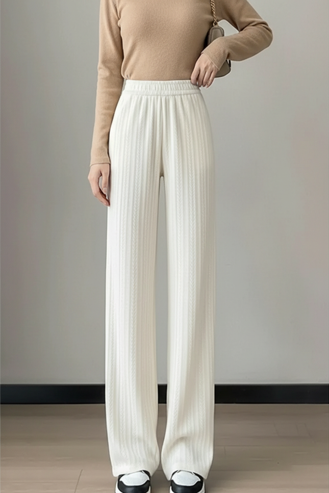 Pantalon Beige Ample Tricoté Taille Élastique - Blanc Maille