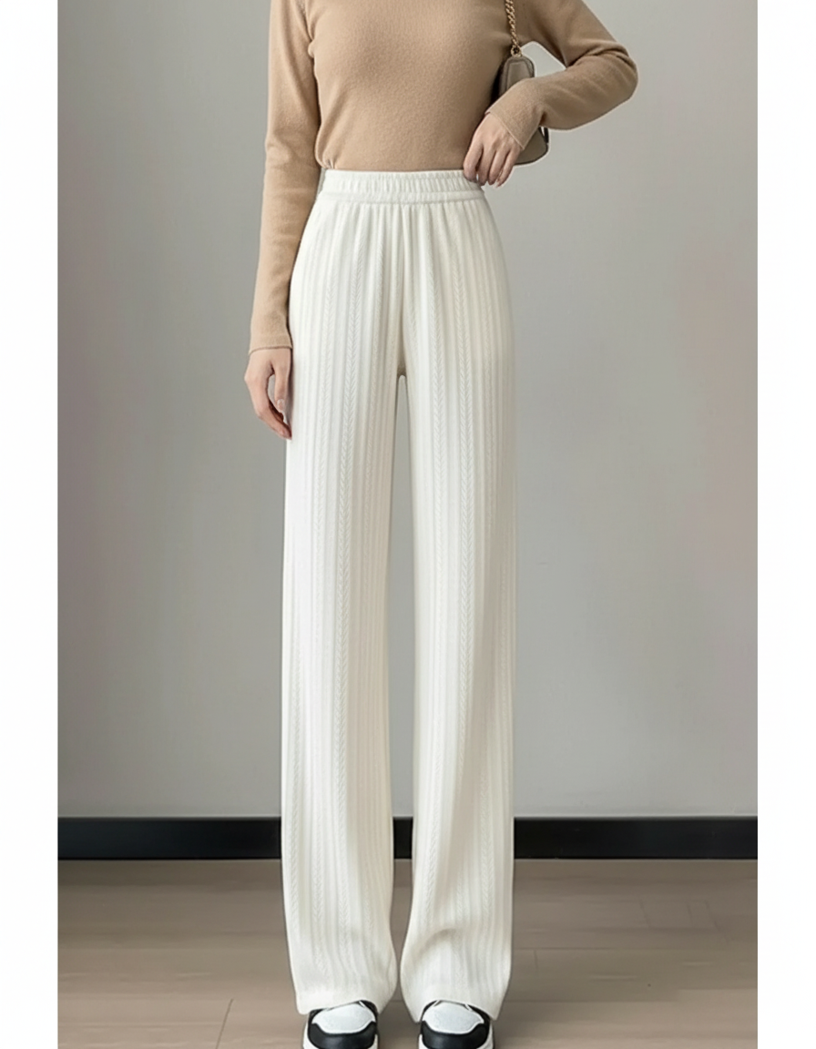 Pantalon Beige Ample Tricoté Taille Élastique - Blanc Maille
