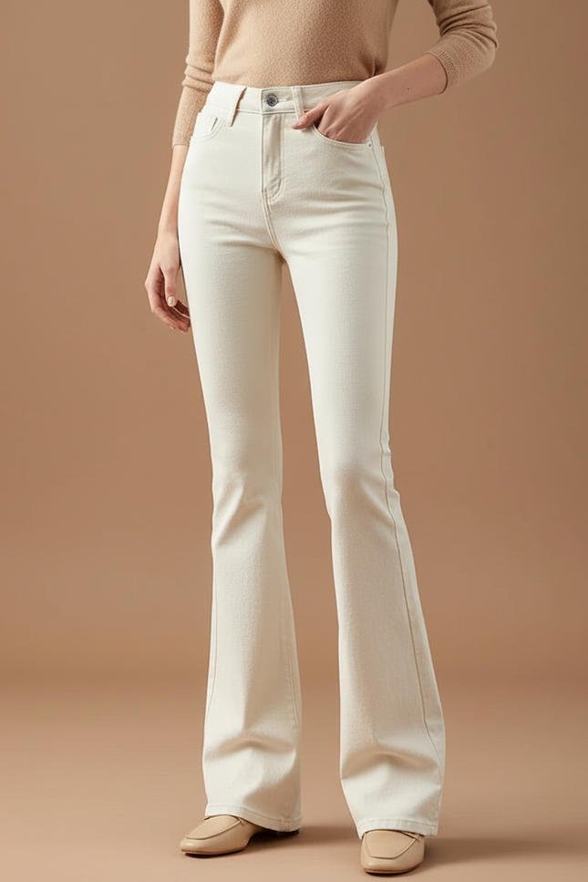 Pantalon Beige Évasé Taille Haute Denim Femme - Jean