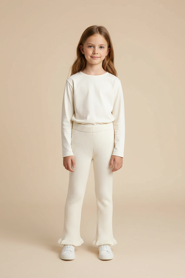 Pantalon Beige Côtelé Évasé Tricoté Confortable Fille - Maille