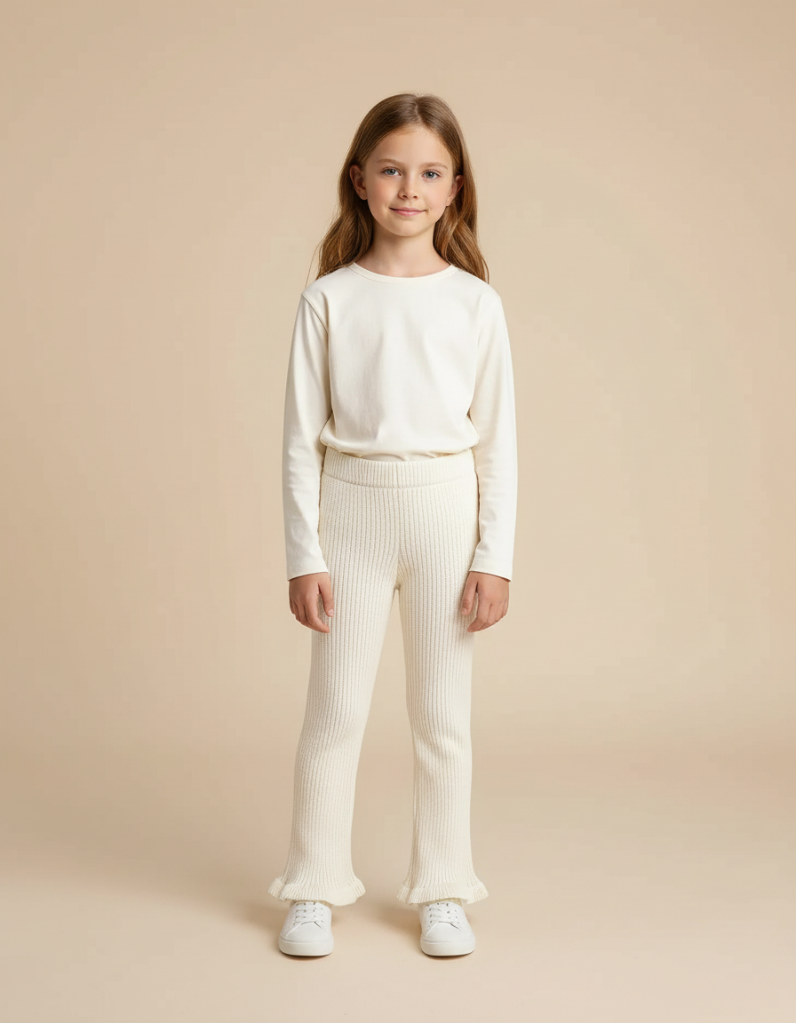 Pantalon Beige Côtelé Évasé Tricoté Confortable Fille - Maille