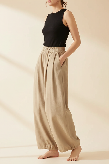 Pantalon Beige Plissé Ample Décontracté Femme Coton