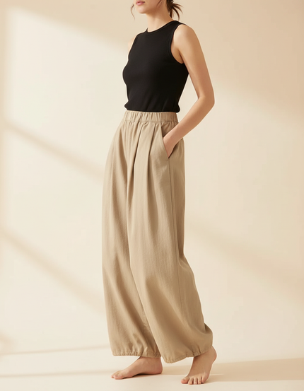Pantalon Beige Plissé Ample Décontracté Femme Coton