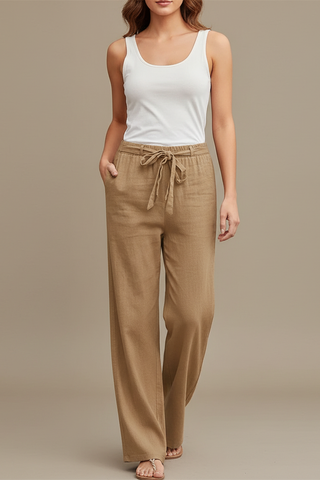 Pantalon Beige Lin Ample Décontracté Femme Fluide - Camel