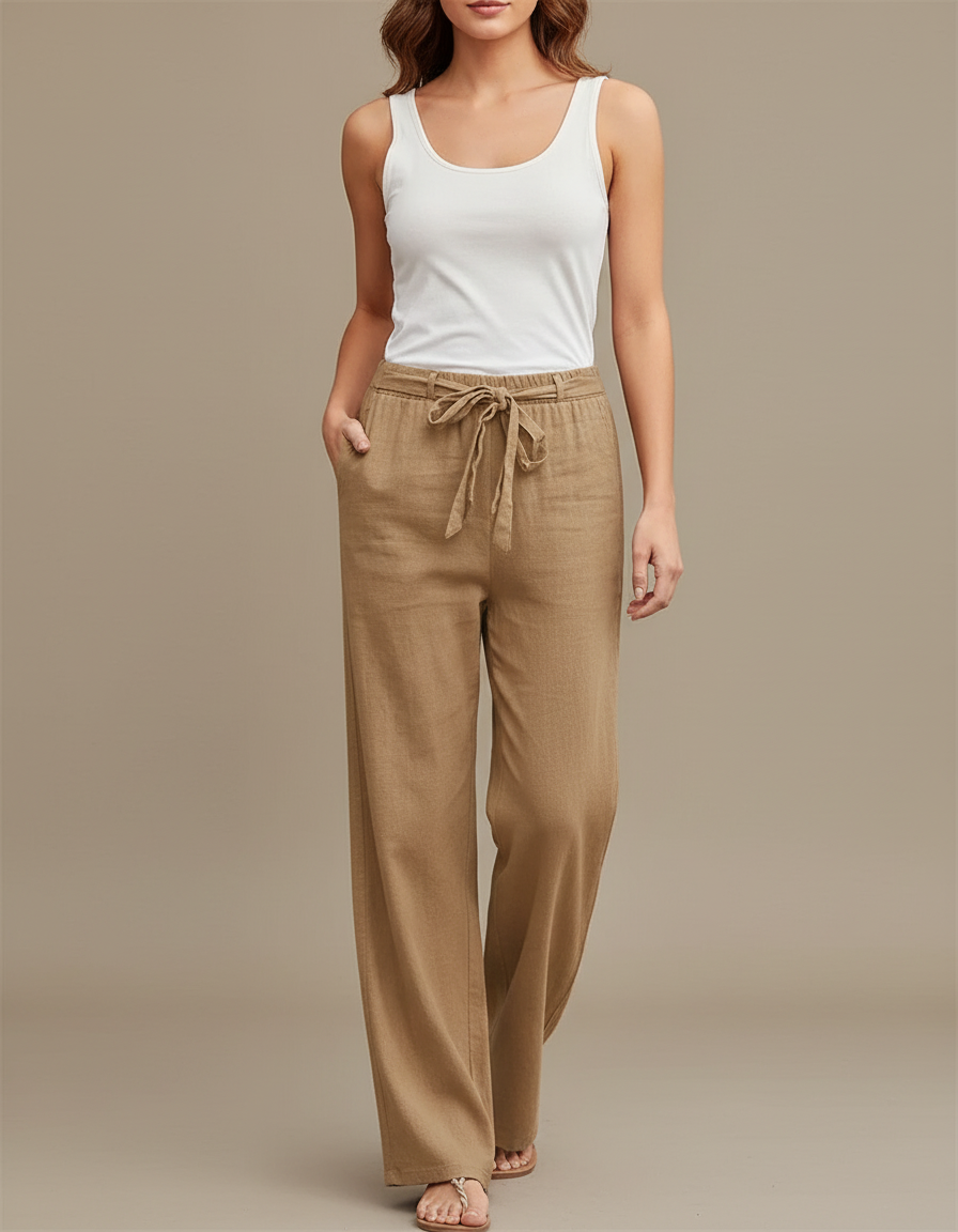 Pantalon Beige Lin Ample Décontracté Femme Fluide - Camel