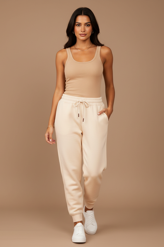 Pantalon Beige Jogging Cordon Molletonné Confortable Femme