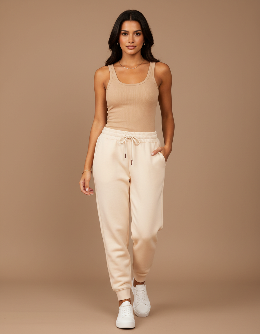 Pantalon Beige Jogging Cordon Molletonné Confortable Femme