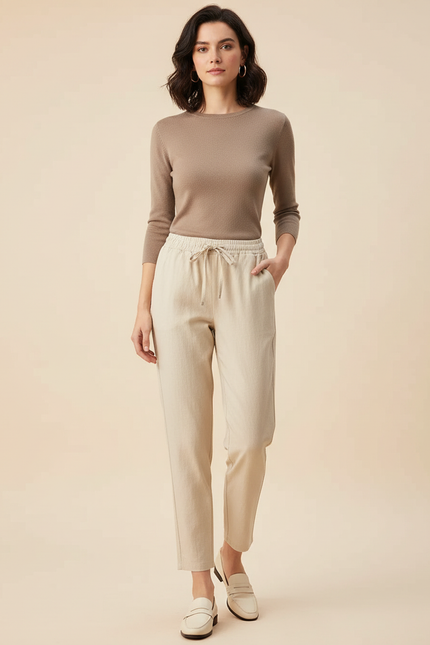 Pantalon Beige Cordon Lin Coton Décontracté Femme