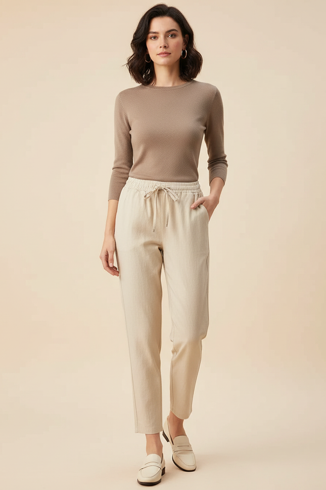 Pantalon Beige Cordon Lin Coton Décontracté Femme