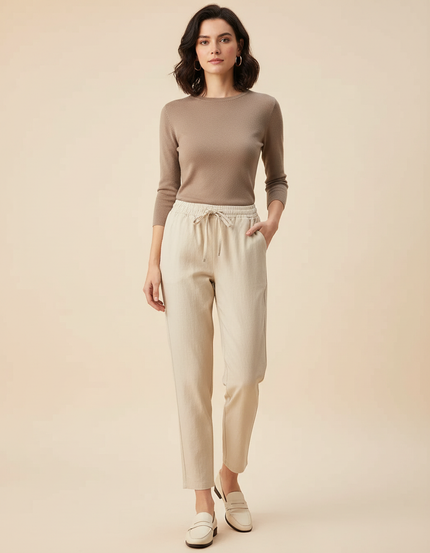 Pantalon Beige Cordon Lin Coton Décontracté Femme