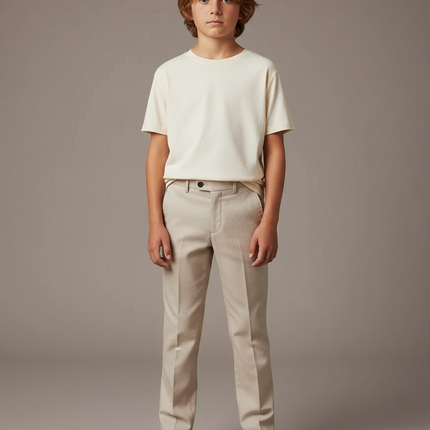 Pantalon Beige Droit Élégant Garçon Pli Cérémonie - Gabardine