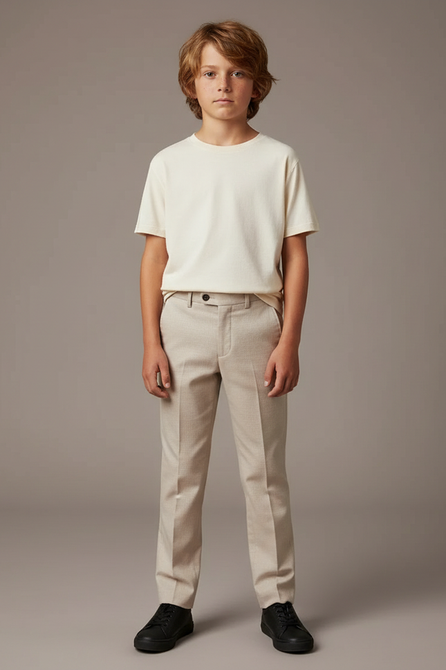 Pantalon Beige Droit Élégant Garçon Pli Cérémonie - Gabardine