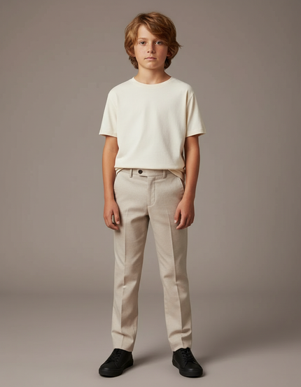 Pantalon Beige Droit Élégant Garçon Pli Cérémonie - Gabardine
