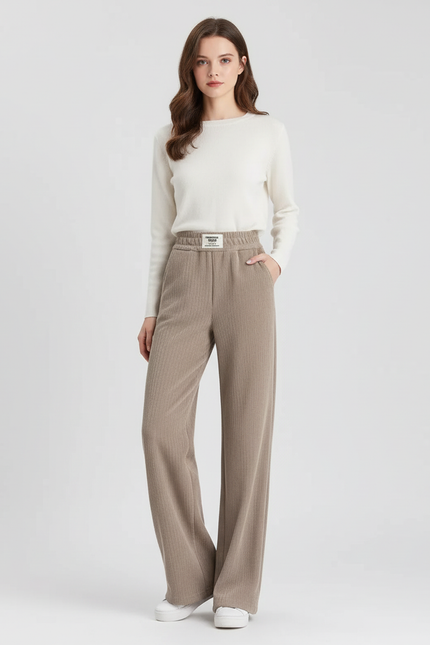 Pantalon Beige Côtelé Ample Taille Haute Confortable - Cordé